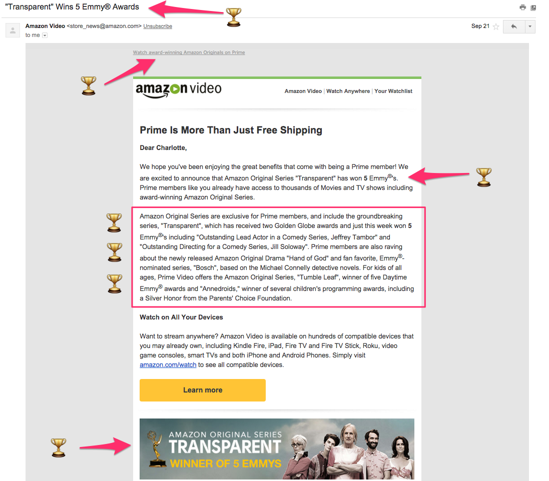 Amazon's Emmy win announcement email