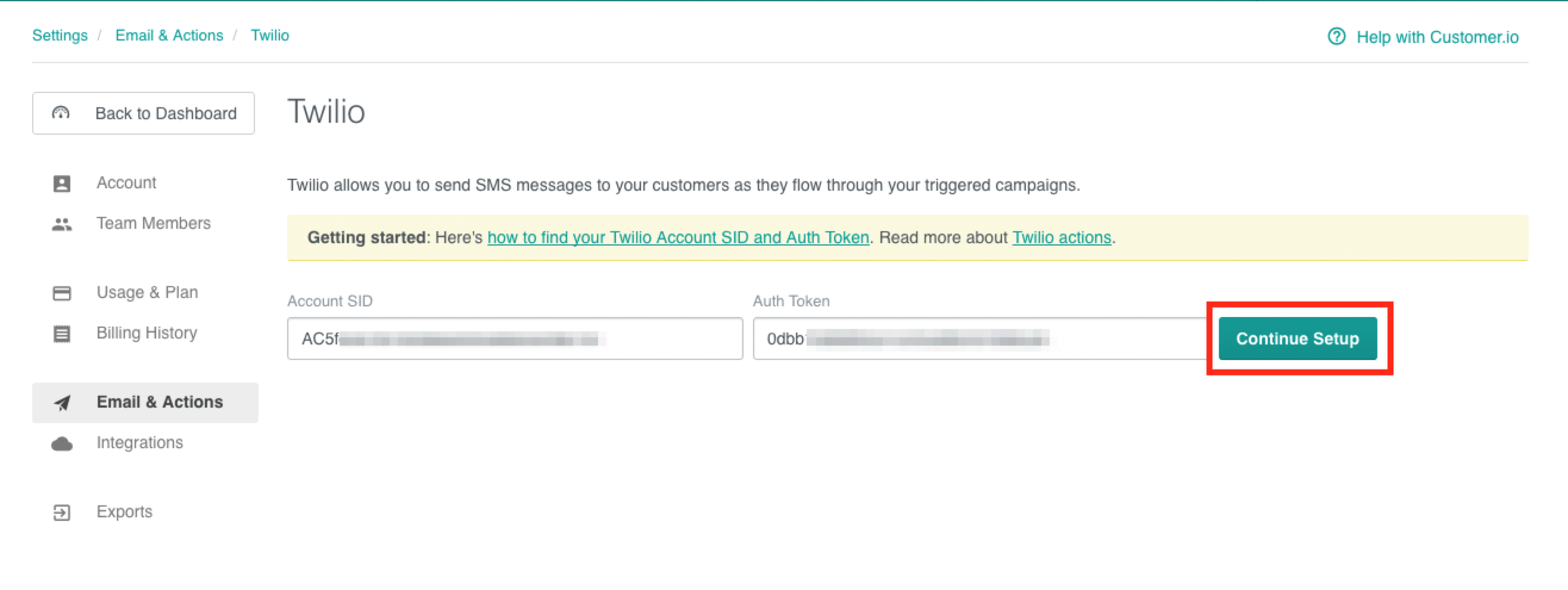 Twilio configuration - account token and SID