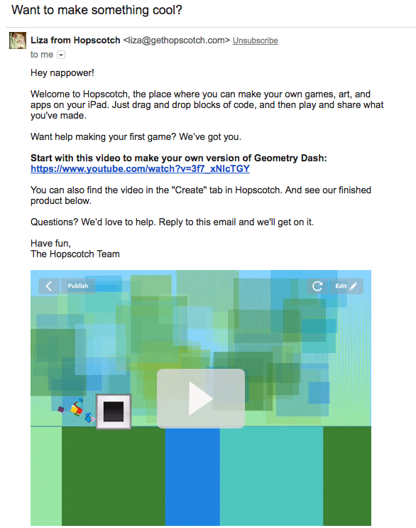 Hopscotch getting started email