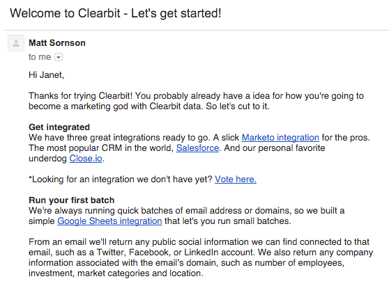 Clearbit's marketer-specific welcome email