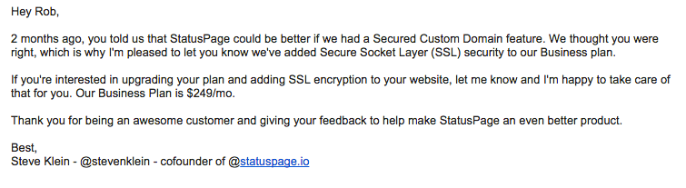 personalized feature announcement and upgrade opportunity