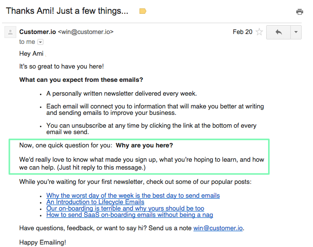 Customer.io newsletter welcome email