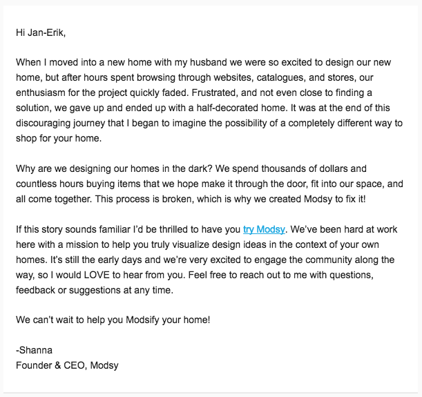 Modsy personal onboarding email