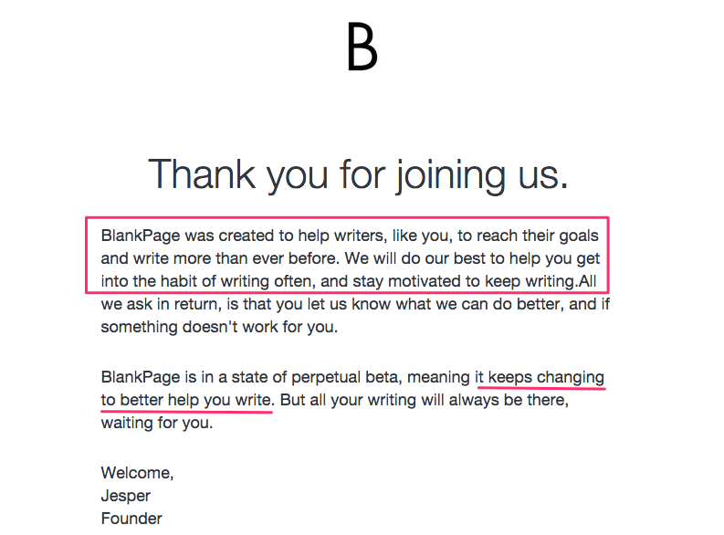 BlankPage purpose-driven welcome email