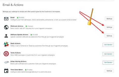 Removing webhook and attribute update action from email & actions settings