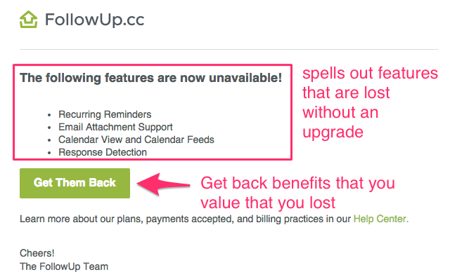 followup.cc upgrade email loss aversion example