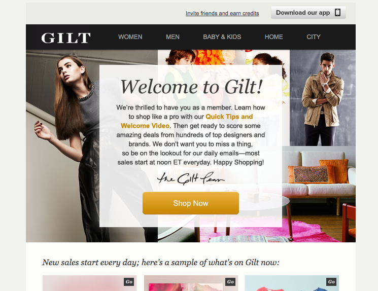 Gilt welcome email