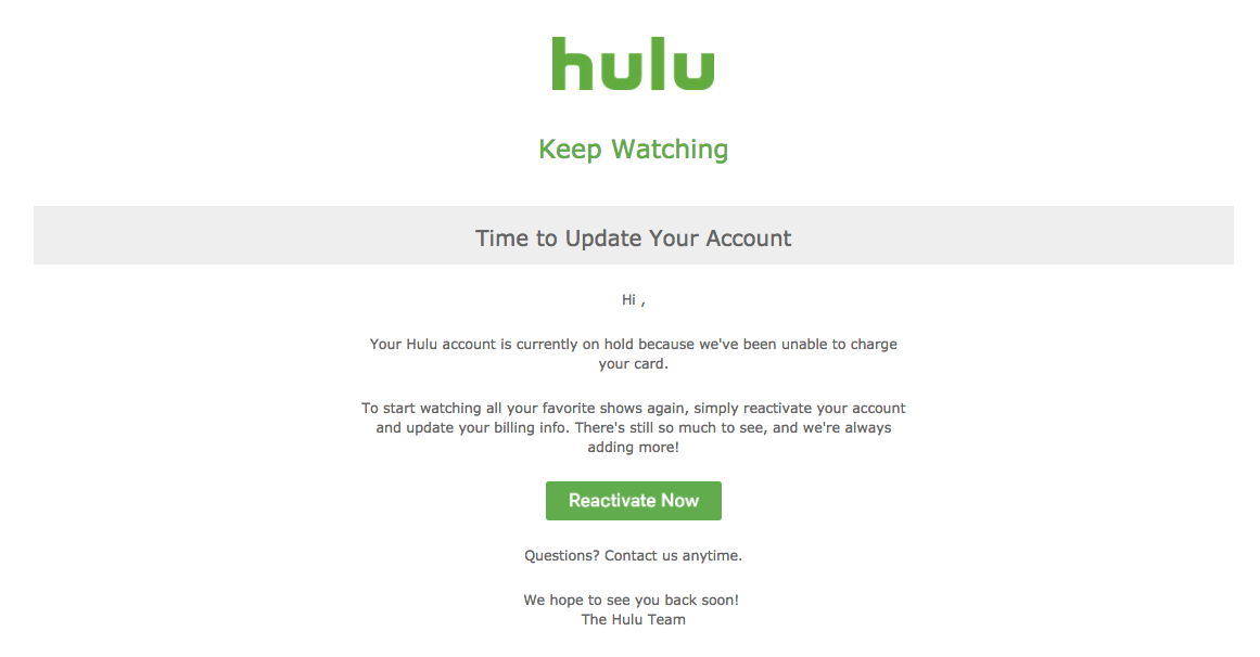 dunning email strategy Hulu