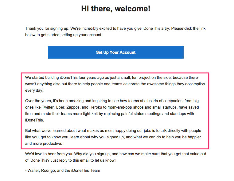 iDoneThis purpose-driven welcome email