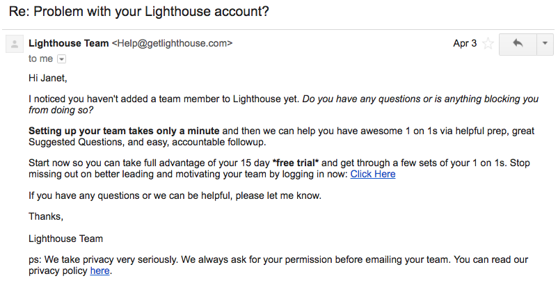 activation email from Lighthouse app