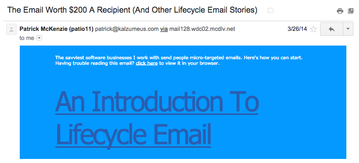 Subject line: "The Email Worth $200 A Recipient (And Other Lifecycle Email Stories