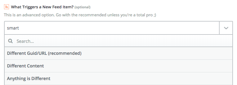 recommended new feed item trigger option in Zapier setup