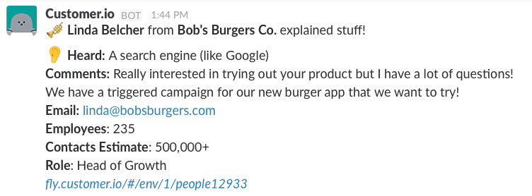 Slack Action customer success example
