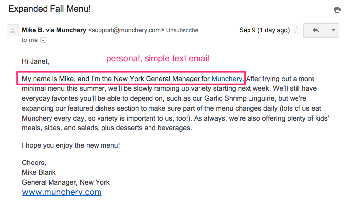 Munchery personal engagement email