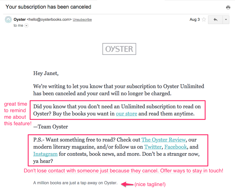 Oyster cancellation email